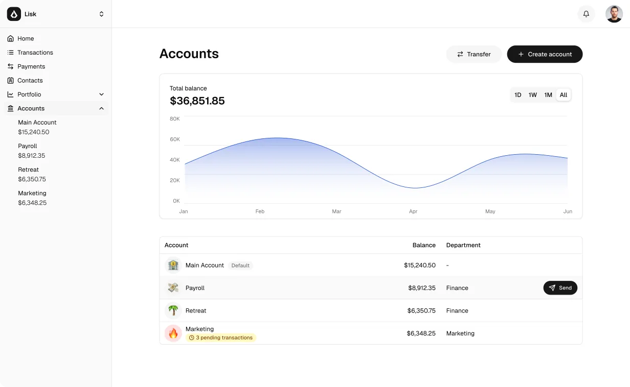 Accounts overview listing balances for each account