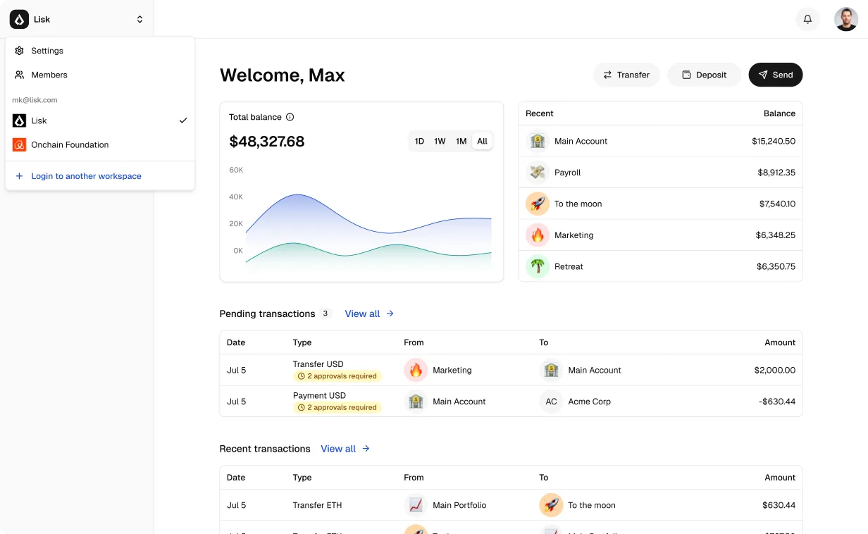 Lisk home with total balance, recent accounts and pending transactions