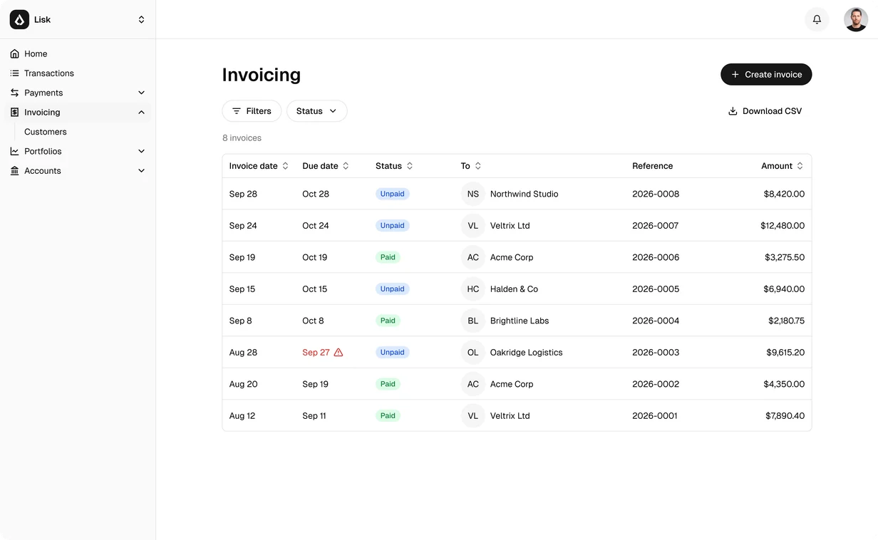 Invoicing list showing each invoice with its due date, status, customer and amount