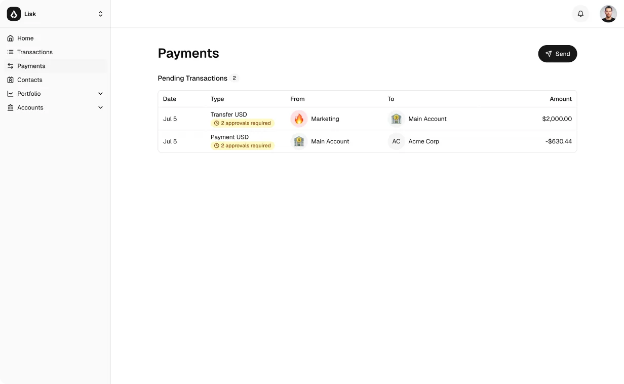 Payments queue showing transactions awaiting approval