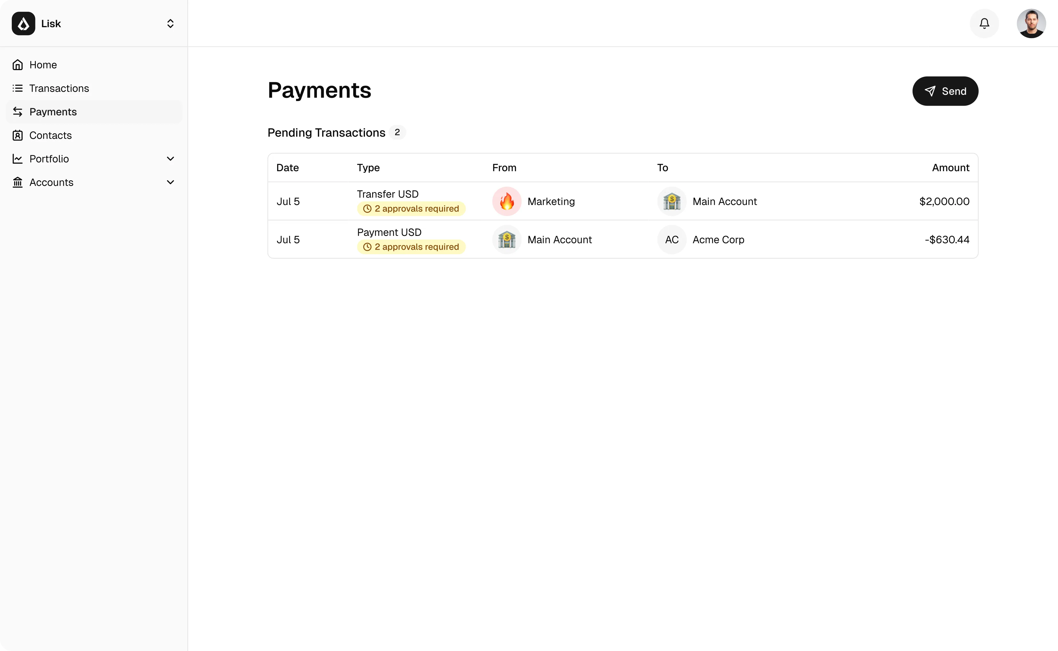 The Lisk payments screen listing pending transactions, each showing who it is from, who it is to, the amount, and a two approvals required badge